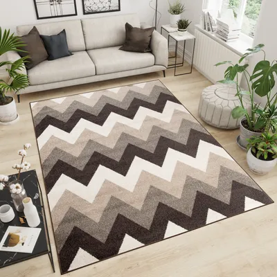 Produktbild von Teppich Wohnzimmer Schlafzimmer Kurzflor Modern Design Geometrisch Gestreift Zick Zack Streifen Braun Beige Creme  300 x 400 cm
