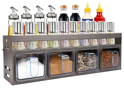 Immagine prodotto di Scaffale per spezie con contenitori, mensola da parete senza foratura, 3 contenitori per spezie, per la cucina