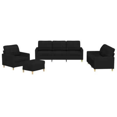 A set of black fabric furniture pieces arranged on a white background.