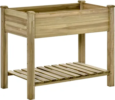 Immagine prodotto di Letto rialzato con ripiano, letto rialzato per erbe aromatiche con fori di drenaggio, cassetta di legno, letto per verdure resistente alle intemperie, letto da giardino, letto per piante per giardino, balcone, terrazza, 91 x 51 x 76 cm, verde