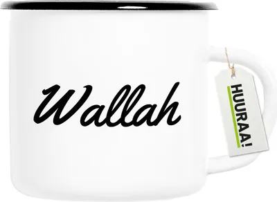 Produktbild von Huuraa Emaille Tasse Wallah arabisch Schriftzug 300ml Vintage Campingbecher Geschenkidee