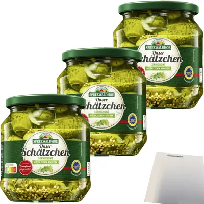 Produktbild von Spreewaldhof Unser Schätzchen Cornichons mit Kräuter 3er Pack (3x530g Glas) + usy Block