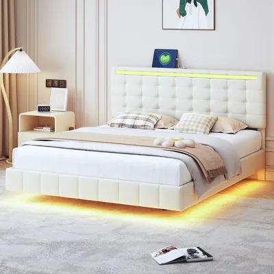 Produktbild von Merax Polsterbett 160x200cm mit LED-Beleuchtung und USB-Stecker, Doppelbett mit Schwebebettrahmen und höhenverstellbarem Kopfteil, Holzbett Jugendbett Funktionsbett Leinen, Beige