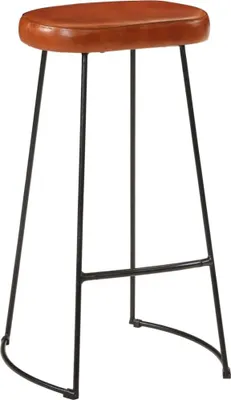 A single bar stool with a brown seat and black metal legs against a white background.