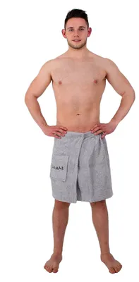 Produktbild von Saunakilt für Herren 50 x 150 cm mit Druckknöpfen und Gummizug aus 100% Baumwolle, mit aufgesetzter Tasche in Silber