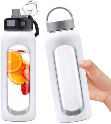 Productafbeelding van Glazen Waterfles 900 ml met 2 Deksels en Tijdmarkering