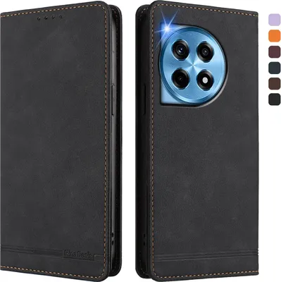Image de Etui pour OnePlus 12, étui rétro en cuirPolyuréthaneavec support et fentes pour cartes de crédit Noir