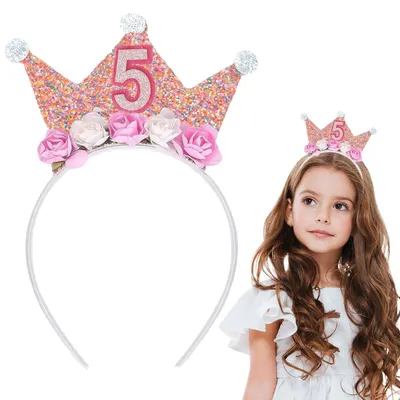 Geburtstags-Stirnband mit Krone für Mädchen, 5 Jahre, rosa