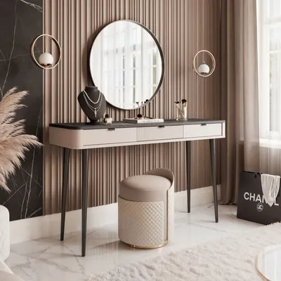 Produktbild von Konsolentisch NAVANI 130 cm 3 Schubladen Schminktisch Kaschmir + Steingrau Schreibtisch Metallfüßen Soft-Close-System Konsole Make-up Tisch Griffe
