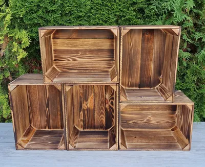 Several wooden crates are arranged on a gray surface in front of a green hedge.