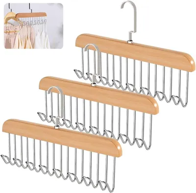 Imagen del producto de Soportes para cinturones, juego de 3 unidades, 28 cm de largo, de madera, con 8 ganchos, para armario