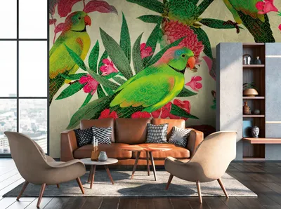 Produktbild von NEWROOM Tapete Grün Vliestapete Wellensittich - Wandbild Modern Rosa Beige Blumen Dschungel Tapete Tropisch Vögel