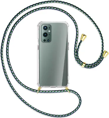 Produktbild von Handykette Backcover-Schutzhülle mit Band (Metall goldfarben) für OnePlus 9 Pro - grün/blau/weiß