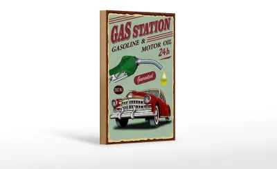 Produktbild von Holzschild Retro 12x18cm Gas Station gasoline motor oil 24