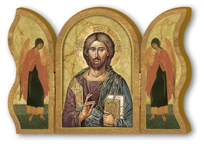 Holz-Triptychon Ikone Jesus Meister, 6 x 9 cm, Golddetails