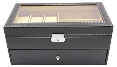 Immagine prodotto di Scatola per orologi e gioielli - 2 ripiani - In legno - Con coperchio in vetro - Per orologi, occhiali e gioielli - Colore nero