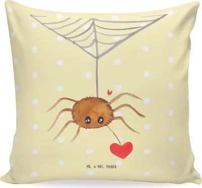 Produktbild von Mr. & Mrs. Panda Dekokissen Spinne Agathe Liebe - Gelb Pastell - Geschenk, kissen bedruckt, Verliebt, Sofa, Liebesgeschenk, kuschelkissen 40x40, Sofakissen, Couchkissen