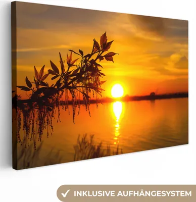 Produktbild von MuchoWow® - Leinwandbilder - Sonnenuntergang - Wasser - Pflanzen - Orange, Wandbild, Wanddeko Bilder Wohnzimmer, 120x80cm