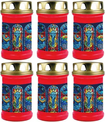 Produktbild von Grabkerze Rot 6er Pack, Brenndauer: 48 Stunden ( je Kerze ), Motiv: Fenster Blau