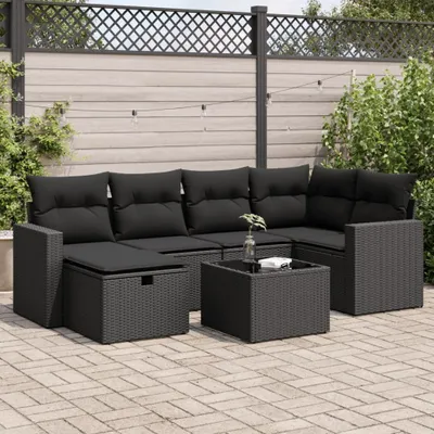 Produktbild von Eleganten-Stil 7-tlg. Garten-Lounge-Set mit Kissen Garten-Sofagarnitur, Outdoor Indoor, Schwarz Poly Rattan Gartenmöbel-Sets CHY55705560