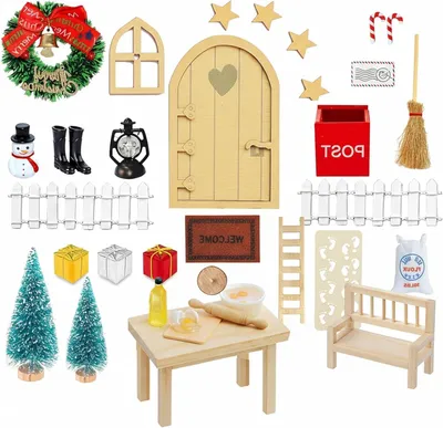 Productafbeelding van Kabouterdeur Set - Miniatuur Decoratie - Kerst Versieren - Compleet met Accessoires - 18 x 13 cm - Multicolor