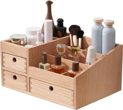 Zdjęcie produktu dla Drewniany organizer na kosmetyki z 8 przegródkami i 3 szufladami, w kolorze naturalnym