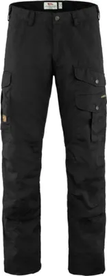 A pair of black cargo pants is shown against a white background.
