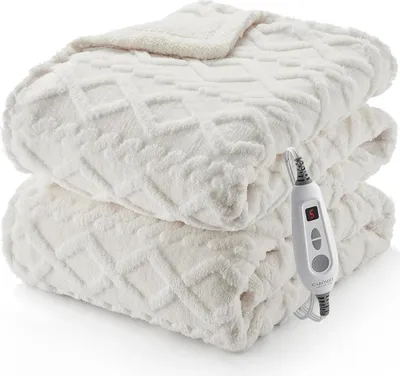 Image de Couverture chauffante électrique - Couverture Sherpa - Sherpa épaisse - 6 niveaux de chauffage - Arrêt automatique après 10 heures - Lavable en machine - Prise UE - Taille M - Blanc