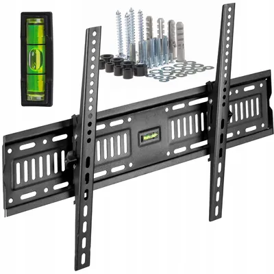 A black TV wall mount with included hardware and a spirit level, displayed against a white background.