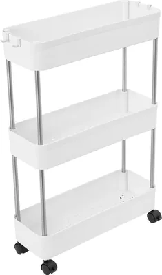 Zdjęcie produktu dla Wózek magazynowy – 3-poziomowy wózek na kółkach – nośność 10 kg – 4 kółka (2 z hamulcem) – 40×14,8×61,5 cm – PP i stal nierdzewna – biały