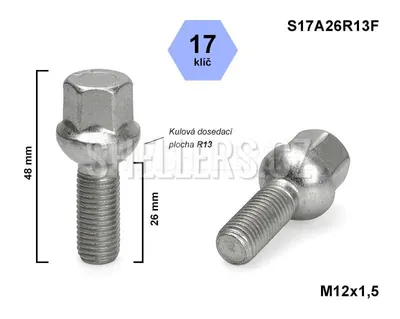 Obrázek produktu pro Kolový šroub M12x1,5x26 kulový R13, Audi, Seat, Škoda, VW, klíč 17, S17A26R13F, výška 48 mm