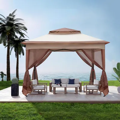 Produktbild von LEADZM 3.3 x 3.3 x 2.65M Pavillon Faltpavillon Gartenzelt Gartenpavillon mit Seitenwänden Popup Doppeldach, Khaki