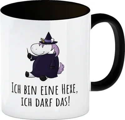 Produktbild von Einhorn-Hexe Kaffeebecher in schwarz mit Spruch Ich bin eine Hexe ich darf das