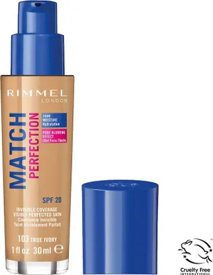 Image de Rimmel Match Perfection Foundation SPF20 - Teinte 103 True Ivory, Fond de teint adaptable 30 ml