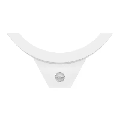 A white outdoor light fixture with a curved top and a sensor in the center.