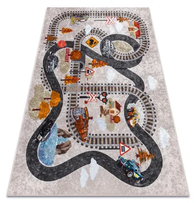 Image de Tapis lavable JUNIOR 51986.803 Voies ferrées, locomotive pour les enfants antidérapant - gris multicolore 200x290 cm