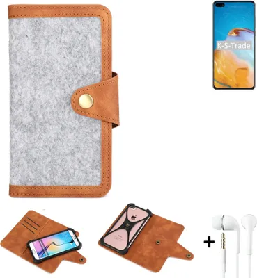 Produktbild von K-S-Trade Handyhülle + Kopfhörer kompatibel mit Huawei P40 Schutzhülle Filz Hülle Kunstleder hellgrau braun (1x)