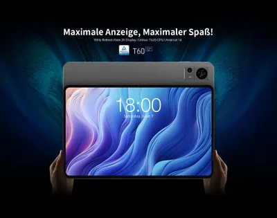 A tablet is held by two hands against a dark, abstract background with blue and green light effects.