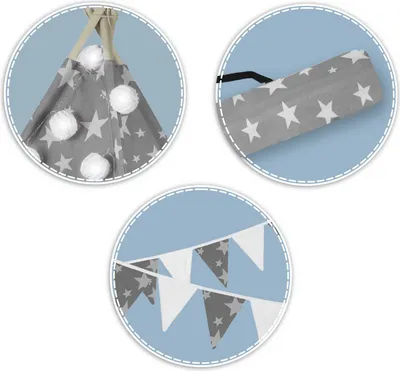 Collage of close-up images showing details of a children's teepee tent with star pattern, string lights, and a garland.
