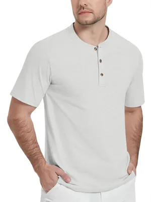 Produktbild von KEFITEVD Herren Henley-Shirt Baumwolle Polo ohne Kragen Weiß L