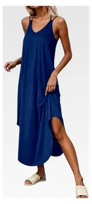 Produktbild von Damen Freizeitkleid Sommerkleid Lang Maxikleid Spaghettiträger Strandkleid mit seitlichem Schlitz Ärmellos V-Ausschnitt Leicht und luftig Trägerkleid Tunikakleid