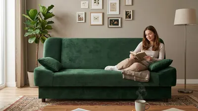 Produktbild von Schlafsofa SARA Monolit – mit Schlaffunktion, Webstoff in Grün, Family Meble, KI-generiertes Bild