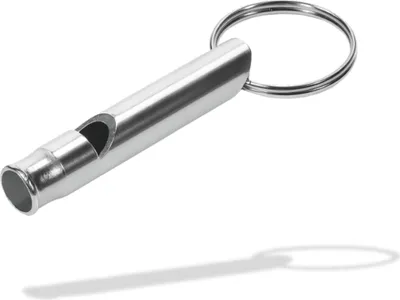 Imagen del producto de Silbato de señalización de aluminio con llavero – Silbato de trino en color plateado