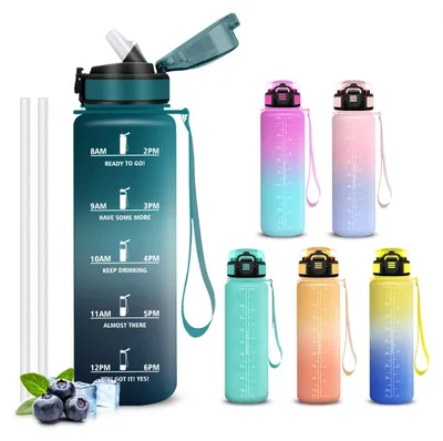 Produktbild von Trinkflasche 1l Sport, Wasserflasche mit Strohhalm, Auslaufsicher, Fitness, Büro