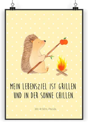 Produktbild von Mr. & Mrs. Panda Bild Igel Grillen DIN A3 - Gelb Pastell - Geschenk, wanddeko, drucke, Sinn Des Lebens, Wanddekoration, Ziele, Motivation, Wandbild, Kunstdruck, Spruch
