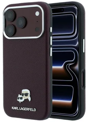 Produktbild von Handyhülle für iPhone 18 Pro / 17 Pro, Karl Lagerfeld Grained Choupette Head Metal mit MagSafe, Burgunderrot