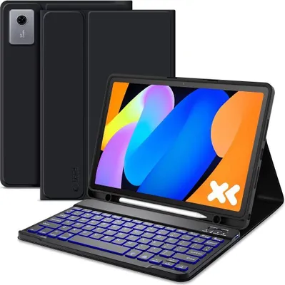 A black tablet case with a keyboard and stylus is displayed.