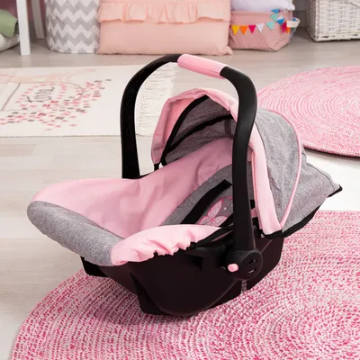 Produktbild von Bayer Design 67933AA Puppenautositz EasyGo mit Dach, verstellbarem Griff, Sicherheitsgurt, für Puppen bis 46 cm, grau, rosa