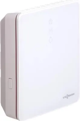 A white electronic device with a gray side and a red trim, shown from a diagonal angle.