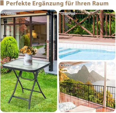 Image de Table d'appoint de terrasse pliante table carrée en verre avec cadre en acier inoxydable noir
